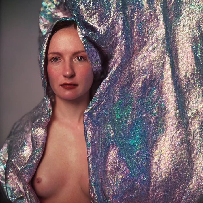 Image similar to closeup portrait of a woman wrapped in iridescent foil, standing in antarctica, color photograph, by vincent desiderio, canon eos c 3 0 0, ƒ 1. 8, 3 5 mm, 8 k, medium - format print