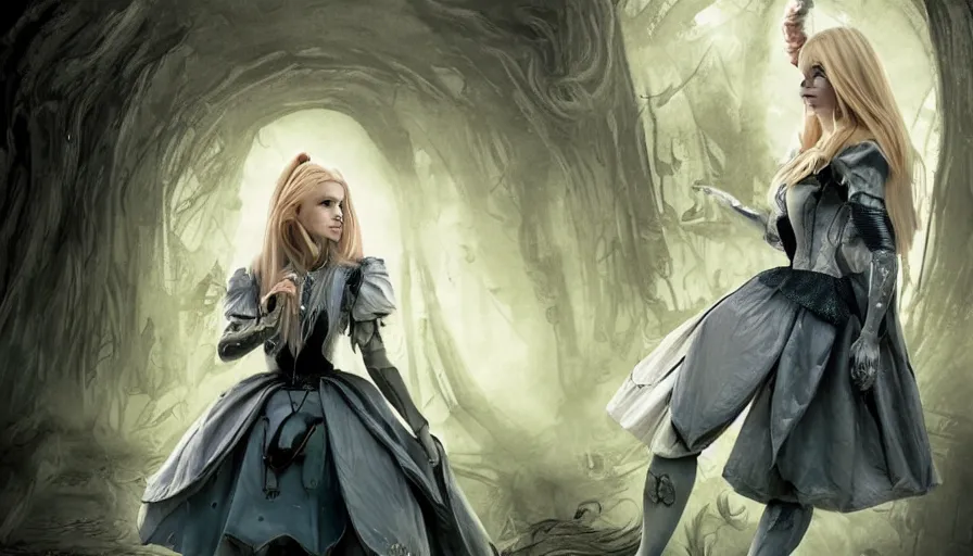 Image similar to Alice in wonderland in the aesthetic of Elden ring, blond Alice in armor,