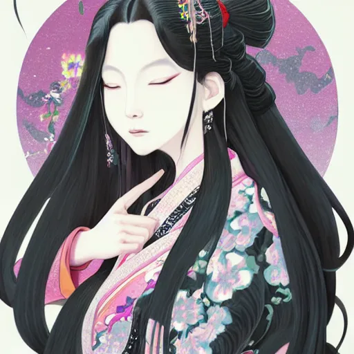 Image similar to portrait of the japanese moon princess kaguya hime with long flowing black hair wearing an ornate kimono with intricate floral patterns, touhou character illustration by ross tran, bo chen, toni infante, rebecca oborn, michael whelan, trending on artstation cgsociety hq