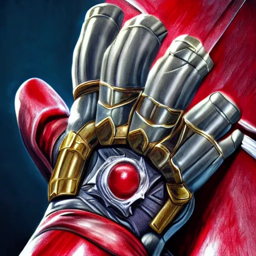 Image similar to infinity gauntlet, close up, high detail, photorealistic, realism, crimson tide, national championship