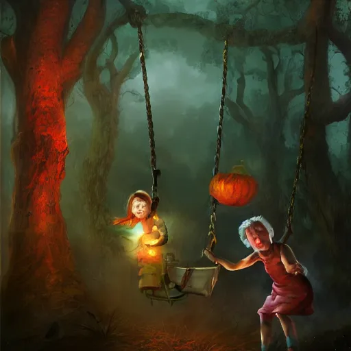 Image similar to Michael Myers is pushing his daughter on a swing, garden, summer, 8k resolution matte fantasy painting, cinematic lighting, DeviantArt, Artstation, Jason Felix Steve Argyle Tyler Jacobson Peter Mohrbacher