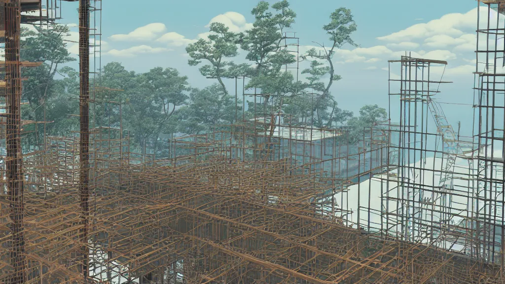 Image similar to In the scaffold construction tower I radioed my friend a code that I spotted a plot of land in the distance, screen print by Kawase Hasui and dan hillier, 8k unreal engine