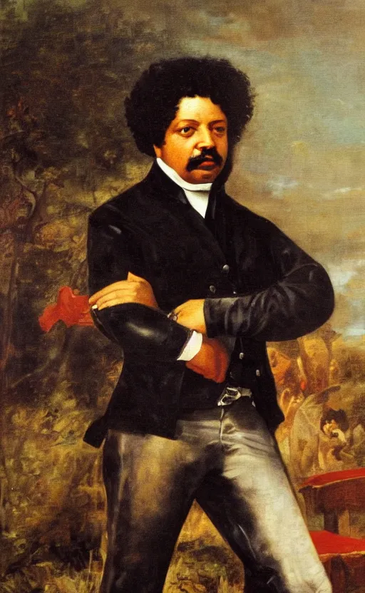 Image similar to Portrait of Alexandre Dumas, oil on canvas, highly detailed, by Delacroix, 8k