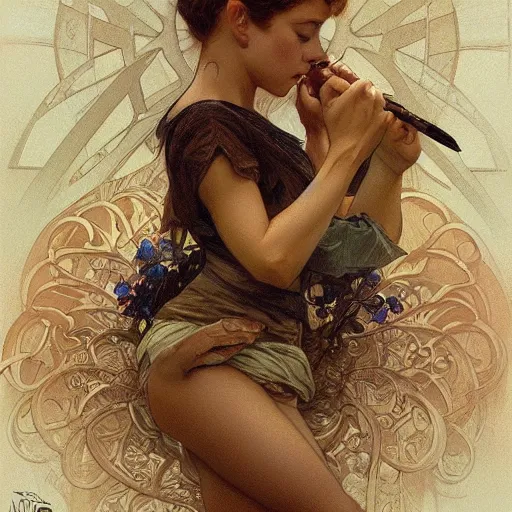 Image similar to amazing lifelike award winning pencil illustration of tilly Tom and tiny trending on art station artgerm Greg rutkowski alphonse mucha cinematic