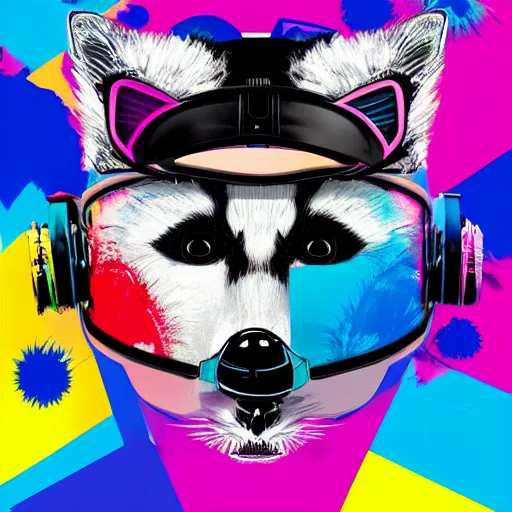 Prompt: illustration of cyberpunk raccoon in vr helmet, colorful splatters, by andy warhol and by zac retz and by kezie demessance