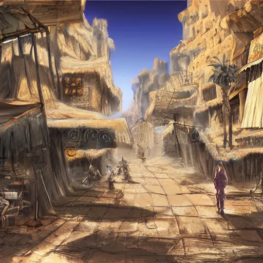 Image similar to streets of a fantasy desert kingdom, 8 k concept art highly detailed illustration