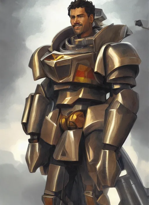 Image similar to medium-length portrait of a male paladin with short curly hair and a salt-and-pepper beard, dark brown skin, wears a suit of power armor, magitech!, gundam, medieval setting, highly detailed, digital painting, artstation, concept art, sharp focus, illustration, art by greg rutkowski and alphonse mucha