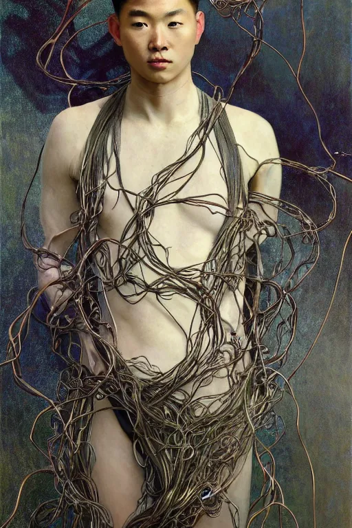 Image similar to hyperrealist portrait of elijah zu bailey, it is decorated with long wires that fall like vines and wears small computers over their body. by jeremy mann and alphonse mucha, fantasy art, photo realistic, dynamic lighting, artstation, poster, volumetric lighting, very detailed faces, 4 k, award winning, hands on hip