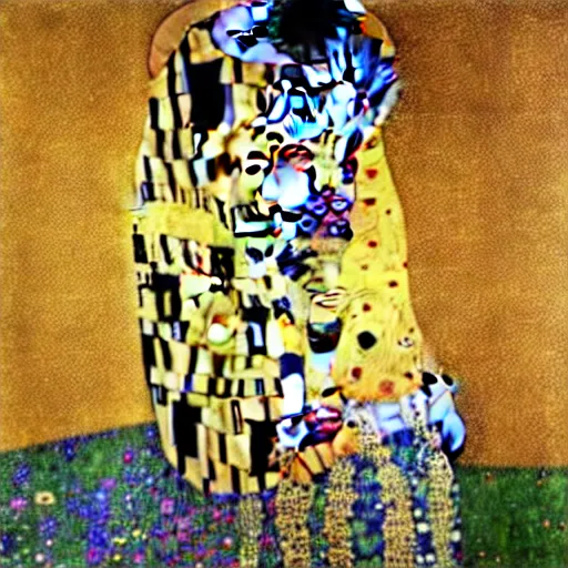 Image similar to The Kiss painting by Gustav Klimt with Pepe Le Pew kissing