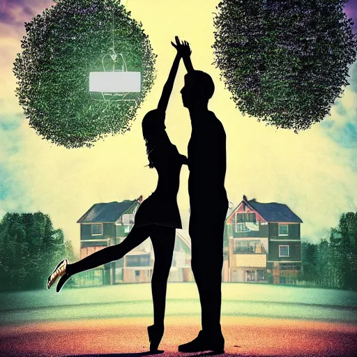 Image similar to a giantess man with a giant woman dancing together, enormous, big, photoshop, photo manipulation, trees, houses, street, hearts symbol, spotlight