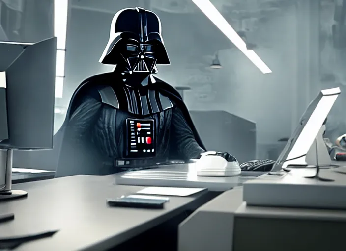 Image similar to film still of Darth Vader working in and office at a computer bored in the new Star Wars movie, 4k