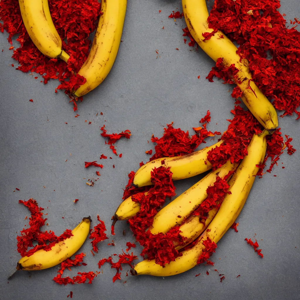 Image similar to fat banana in the shape of dried red pepper and potato flowers, closeup, hyper real, food photography, high quality