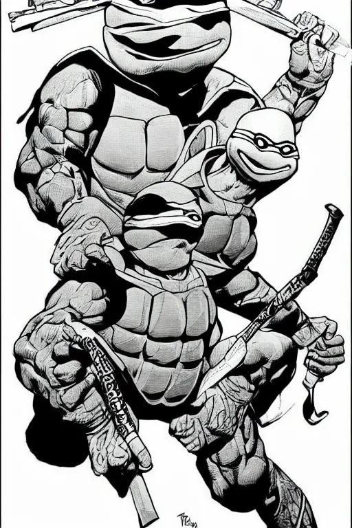 Image similar to ronald reagan as a teenage mutant ninja turtle, full body, pen an ink, comic books style, very detailed, by eric talbot, artstation, pinterest