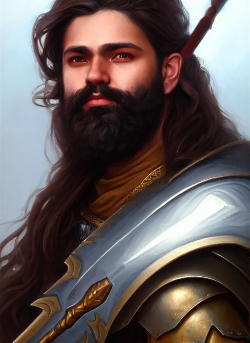 Image similar to a _ fantasy _ style _ portrait _ painting _ of esfandtv big light brown male holy paladin with long wavy brown hair and beard, hammer weapon, rpg dnd oil _ painting _ unreal _ 5 _ daz. _ rpg _ portrait _ extremely _ detailed _ artgerm _ greg _ rutkowski _ greg