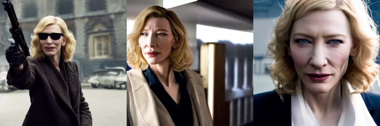Prompt: close-up of Cate Blanchett as a detective in a movie directed by Christopher Nolan, movie still frame, promotional image, imax 70 mm footage