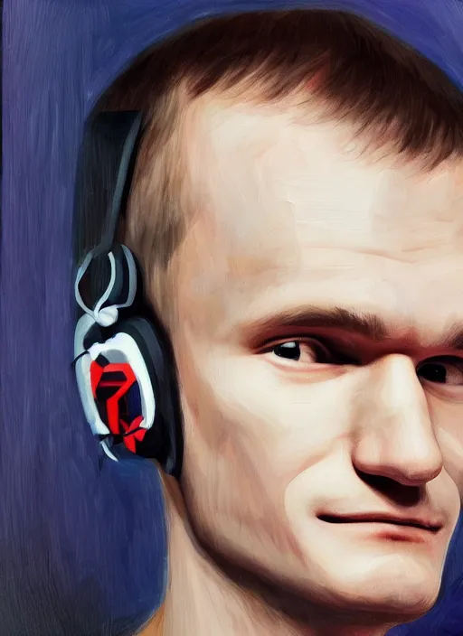 Image similar to vitalik buterin in headphones. vitalik buterin, medium shot, perfect symmetric face, coherent eyes, cute happy face, fine details., 4 k, hans zatska, oil paint