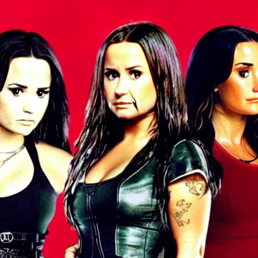 Image similar to close-up of Demi Lovato as Piper Halliwell and Selena Gomez as Phoebe Halliwell and Ariana Grande as Prue Halliwell in a Charmed movie directed by Christopher Nolan, movie still frame, promotional image, imax 35 mm footage