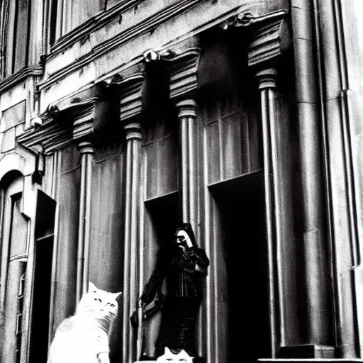 Prompt: Ripley and cat Jonesy moving apartment New York City 1983, gothic building entrance way art Deco H.R. Giger, cinematic feel, high octane