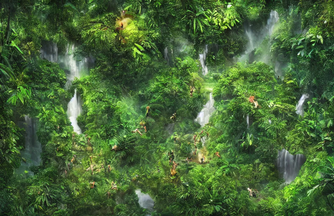 Image similar to a jungle in amazon, detailed dreamscape, hyperreal phantastic, drone shot, intricate details in environment, golden ratio, high aestehtic, waterfalls and lakes, cinematic light dramatic light, lightrays, in the style of terrence mallick cinematography, trending on artstation