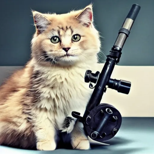 Image similar to cute fluffy cat with gatling gun