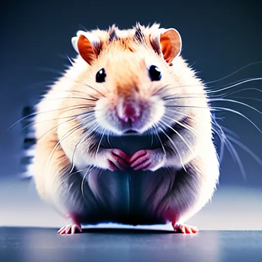 Image similar to uhd candid photo of an android hamster with cybernetic implants and laser eyes. photo by annie leibowitz