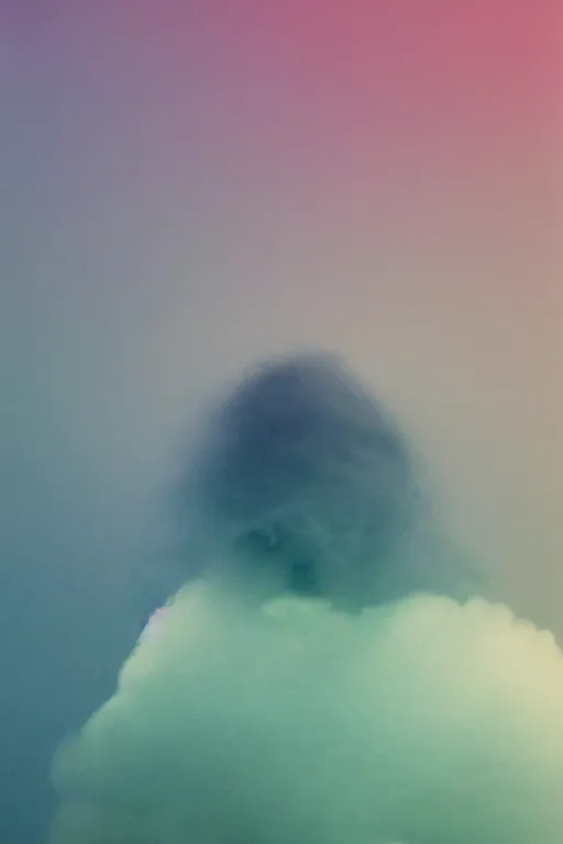 Image similar to high quality pastel coloured film close up wide angle photograph of a model wearing clothing resting on cloud furniture in a icelandic black rock environment in a partially haze filled dreamstate world. three point light, rainbow. photographic production. art directed. pastel colours. volumetric clouds. pastel gradient overlay. waves glitch artefacts. extreme facial clarity. 8 k. filmic.