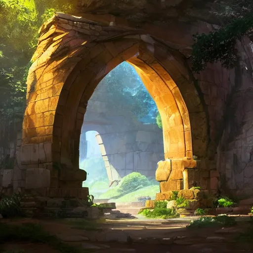 Image similar to concept art painting of an ancient ornate stone archway that is a portal to another world, inside the arch is a magical portal to another dimension, in the woods, realistic, detailed, cel shaded, in the style of makoto shinkai and greg rutkowski and james gurney