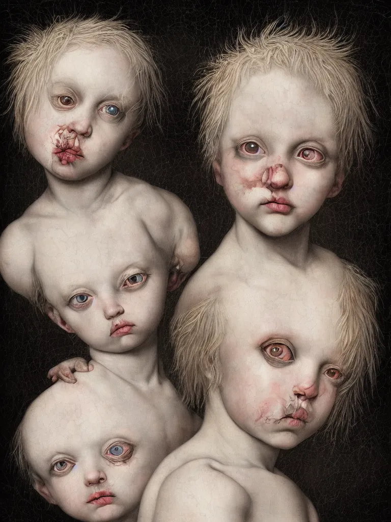 Prompt: Detailed maximalist portrait of a stunning albino child with cracked porcelain skin, dark piercing eyes, a small discrete mouth, HD mixed media, 3D collage, highly detailed and intricate, surreal illustration in the style of Caravaggio, dark art, baroque