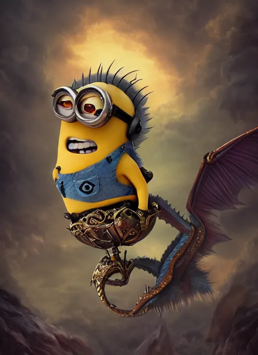 Image similar to Minion!! Kevin!! from despicable me dragon lord riding dragon on a dusky land by genshin impact, fantasy, intricate, ornate, Hyperdetailed, digital art, behance, artstation, smooth, sharp focus, bokeh, illustration, digital painting, elegant, symmetrical,