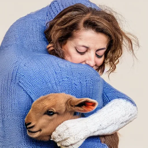 Image similar to a lamb with a blue knitted sweater hugging his mom, in the style of Leo Lionni