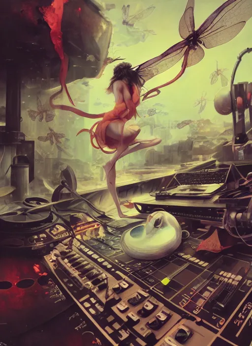 Image similar to surreal gouache painting, by yoshitaka amano, by ruan jia, by Conrad roset, by good smile company, detailed anime 3d render of a magical Dragonfly flying on a DJ Mixer, deck, mpc, portrait, cgsociety, artstation, rococo mechanical and electronic, dieselpunk atmosphere