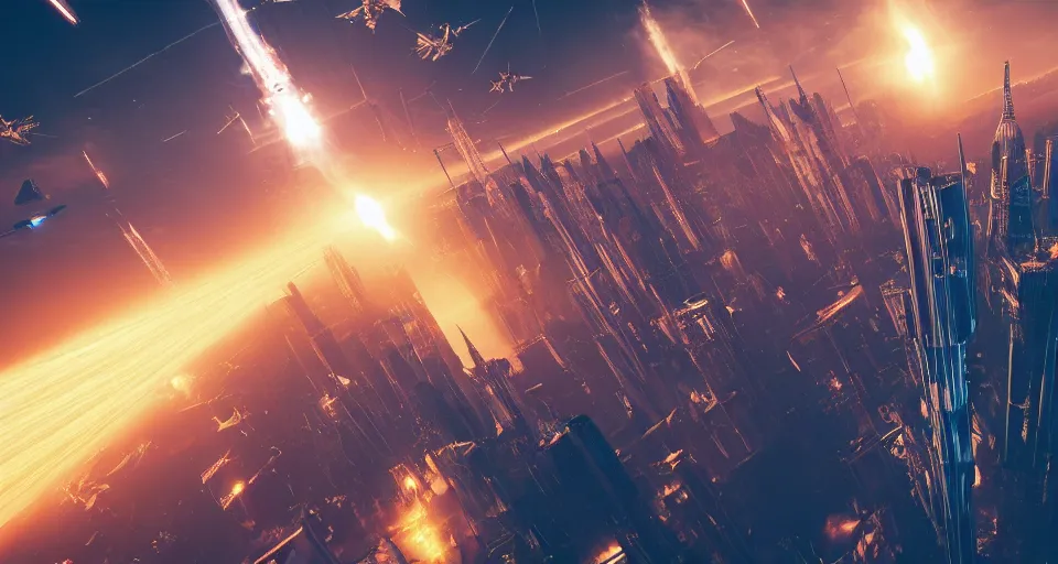 Prompt: 3 d point perspective, extreme long shot of spaceships hovering over the sky menacingly of cyberpunk gothic new york city, spacefighters attacking, explosions and fire, golden hour, deep depth of field, make all elements sharp, aerial view, 8 k, octane, unreal 5, hyperrealistic, intricate details, 3 d rendered model
