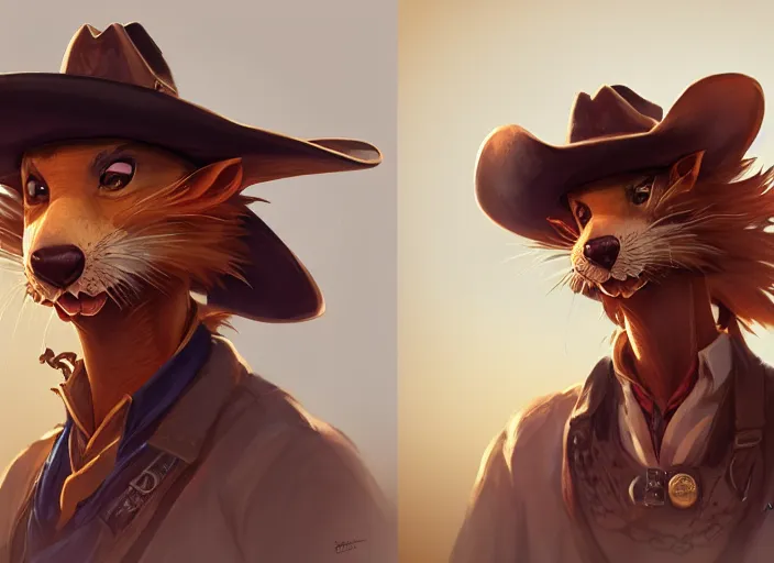 Prompt: character portrait feature of the anthro male anthropomorphic rat fursona wearing cowboy outfit wild west desperado character design stylized by charlie bowater, ross tran, artgerm, makoto shinkai, detailed, soft lighting, rendered in octane