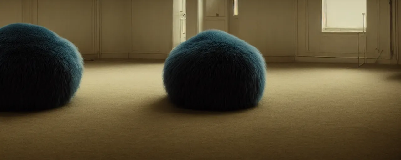 Prompt: a strange huge fluffy furry poufs ottomans sits in the room, film still from the movie directed by denis villeneuve with art direction by zdzisław beksinski, close up, telephoto lens, shallow depth of field