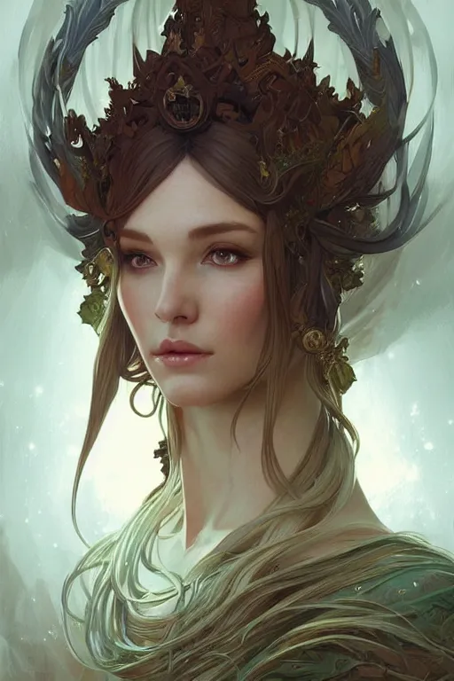 Image similar to portrait ofelf queen, forest, godlike, upper body, fantasy, intricate, elegant, highly detailed, digital painting, artstation, concept art, sharp focus, illustration, art by artgerm and greg rutkowski and alphonse mucha