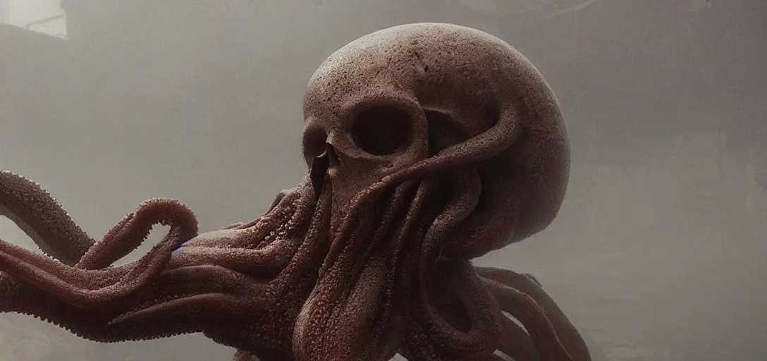 Prompt: an octopus in the [ [ [ [ shape ] ] ] ] of a skull, foggy, cinematic shot, photo still from movie by denis villeneuve, wayne barlowe