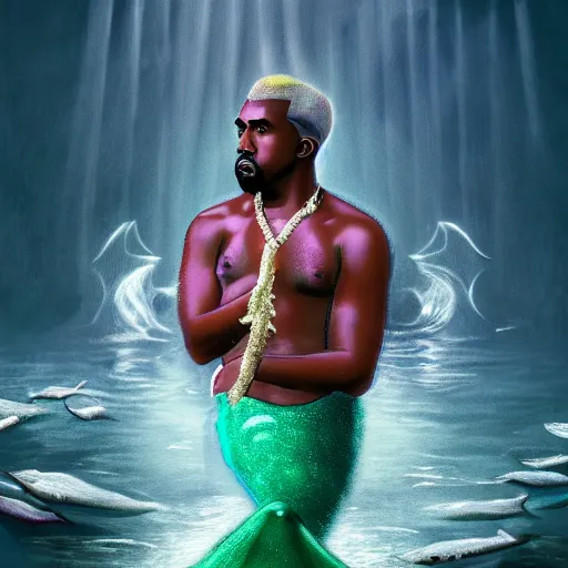 Prompt: Kanye West as a mermaid, looking in awe at delicious fish sticks, dynamic lighting, concept art, beautiful 4k