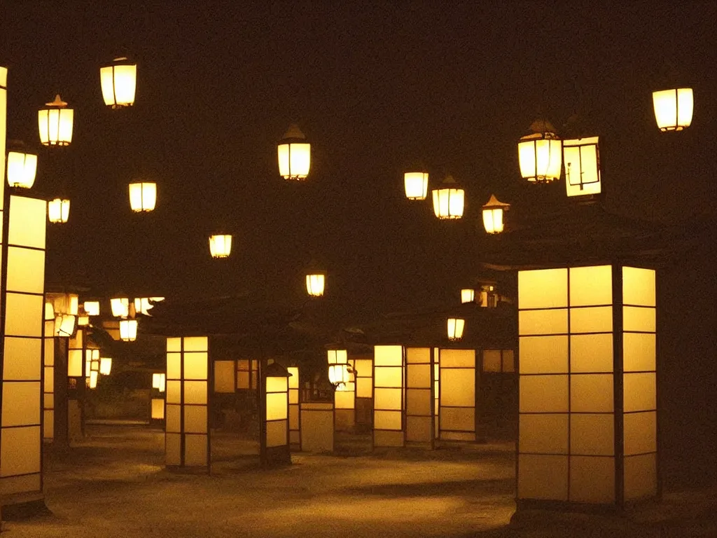 Image similar to “ japanese mosque at night. savannah. there are glowing lanterns. sun is setting ”