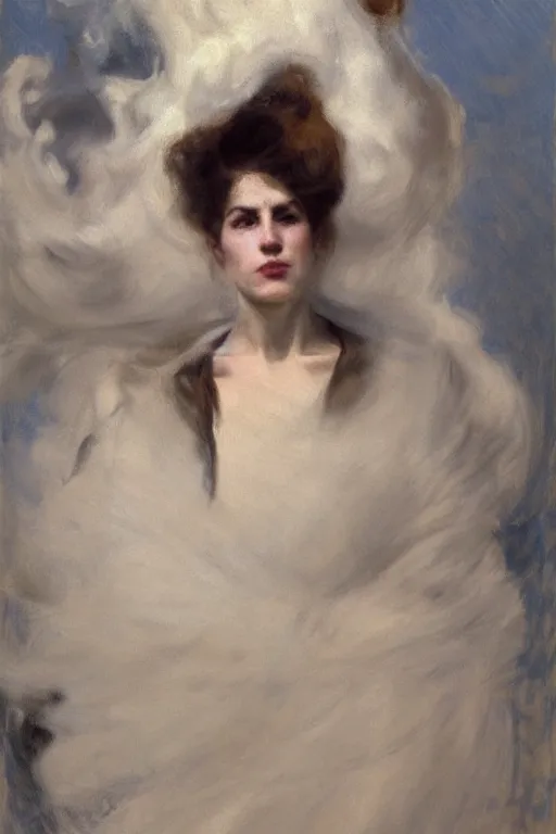 Image similar to 4k Detailed portrait by John Singer Sargent of A woman shrouded in a cloud of smoke