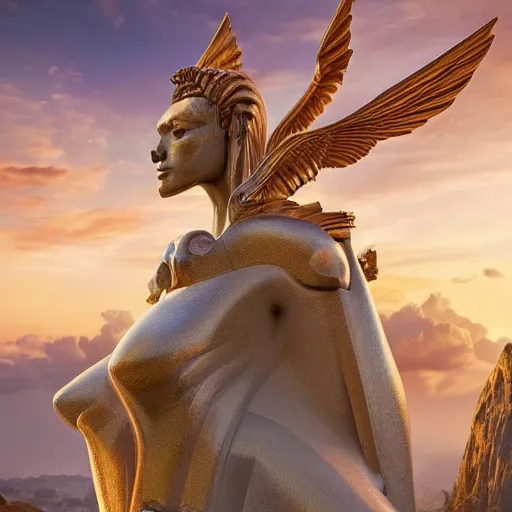 Image similar to modernist jeff koons style neverending story winged sphinx, ultra realistic, golden hour, concept art, intricate details, serious, highly detailed, photorealistic, octane render, 8 k, unreal engine, art by todd mcfarlane and artgerm and greg rutkowski and alphonse mucha