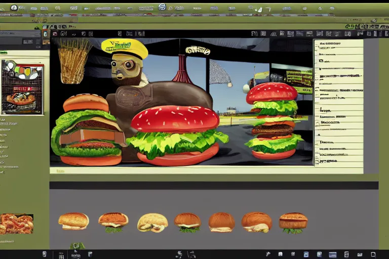 Image similar to hamburger themed gnu / linux desktop environment, linux mint, in 1 9 9 5, y 2 k cybercore, desktop screenshot