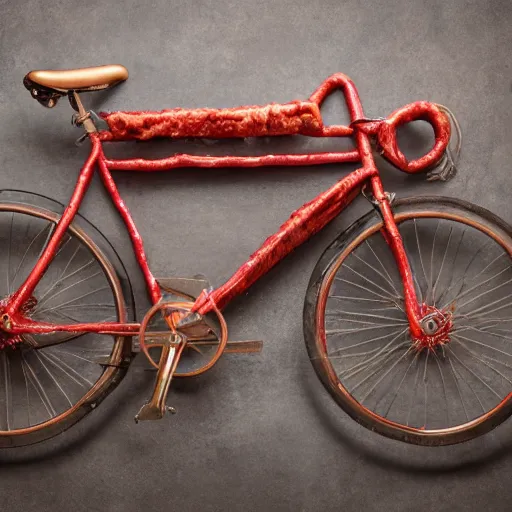 Prompt: bicycle constructed of beef, glistening meat and oily metal, pulsating, carnivorous, hungry, in food photography style, high resolution detail,