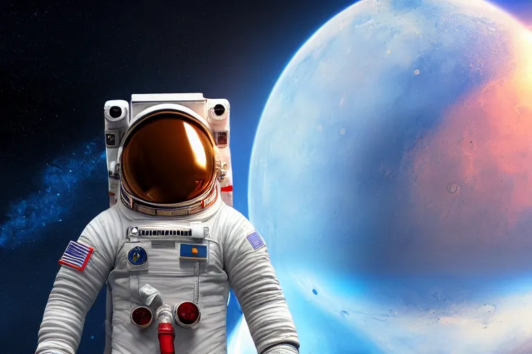 Image similar to astronaut in space wearing a spacesuit floating, mars in background, highly detailed, photorealistic portrait, bright studio setting, studio lighting, crisp quality and light reflections, unreal engine 5 quality render