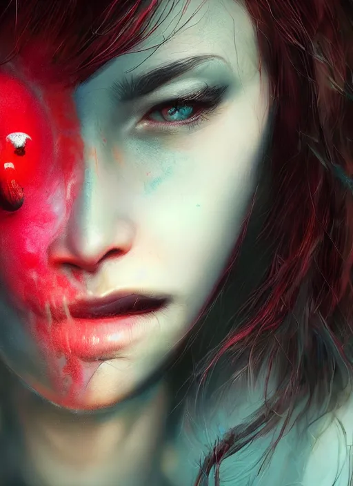 Prompt: profile of sinister girl with pouty aerochrome lips, fungal, adorable, cute bandaid on nose!!, expressive eyes, playful pose of a demon, greg rutkowski, charlie bowater, yuumei, stephen gammell, unreal 5, daz, hyperrealistic, octane render, rpg portrait, dynamic lighting, fantasy art, beautiful face