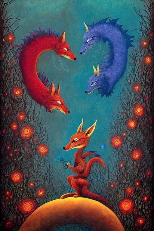 Image similar to surreal hybrid dragons and foxes, nostalgia for a fairytale, magic realism, flowerpunk, mysterious, vivid colors, by andy kehoe, amanda clarke