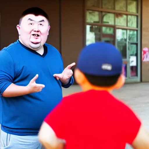 Image similar to fat kazakh guy in a red baseball cap teaching kids in school