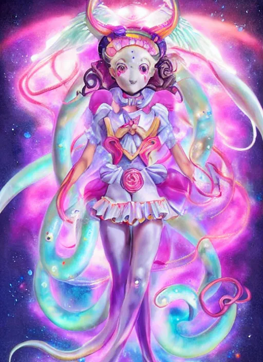 Prompt: A full shot of a sailor moon inspired Kawaii sea creature from the Abyss covered and opals and tentacles. Fully Clothed. F1.4. Symmetrical. Dark Smoke and VFX. Caustics refraction. Prism light. Demon Horns, Angel Wings, By Lisa Frank and Giger and Ruan Jia and Artgerm and Range Murata and WLOP. Key Art. Fantasy Illustration. award winning, Artstation, intricate details, realistic, Hyperdetailed, 8k resolution.