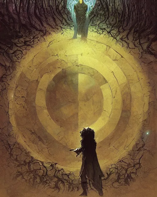 Image similar to a druid standing in a circle at the beginning of the world by greg rutkowski and frank frazetta and peter mohrbacher and william blake and dan mumford