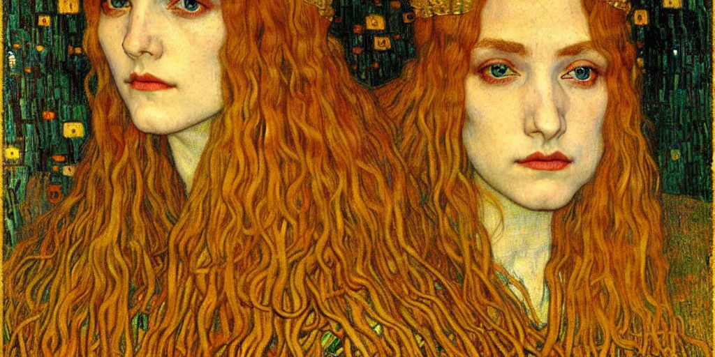 Image similar to detailed realistic beautiful young medieval queen face portrait by jean delville, gustav klimt and vincent van gogh, art nouveau, symbolist, visionary, gothic, pre - raphaelite, muted earthy colors, desaturated