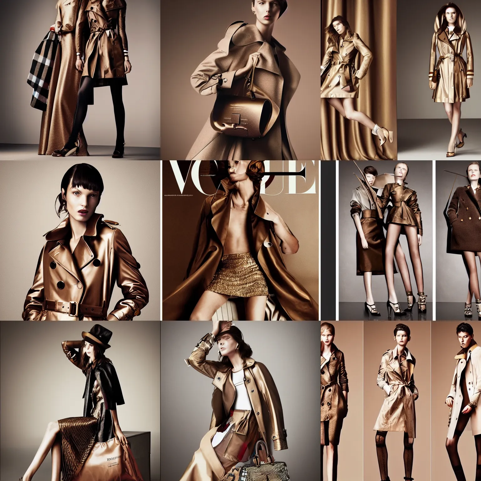 Prompt: fashion by burberry, bronze cellophane theme, high resolution, vogue